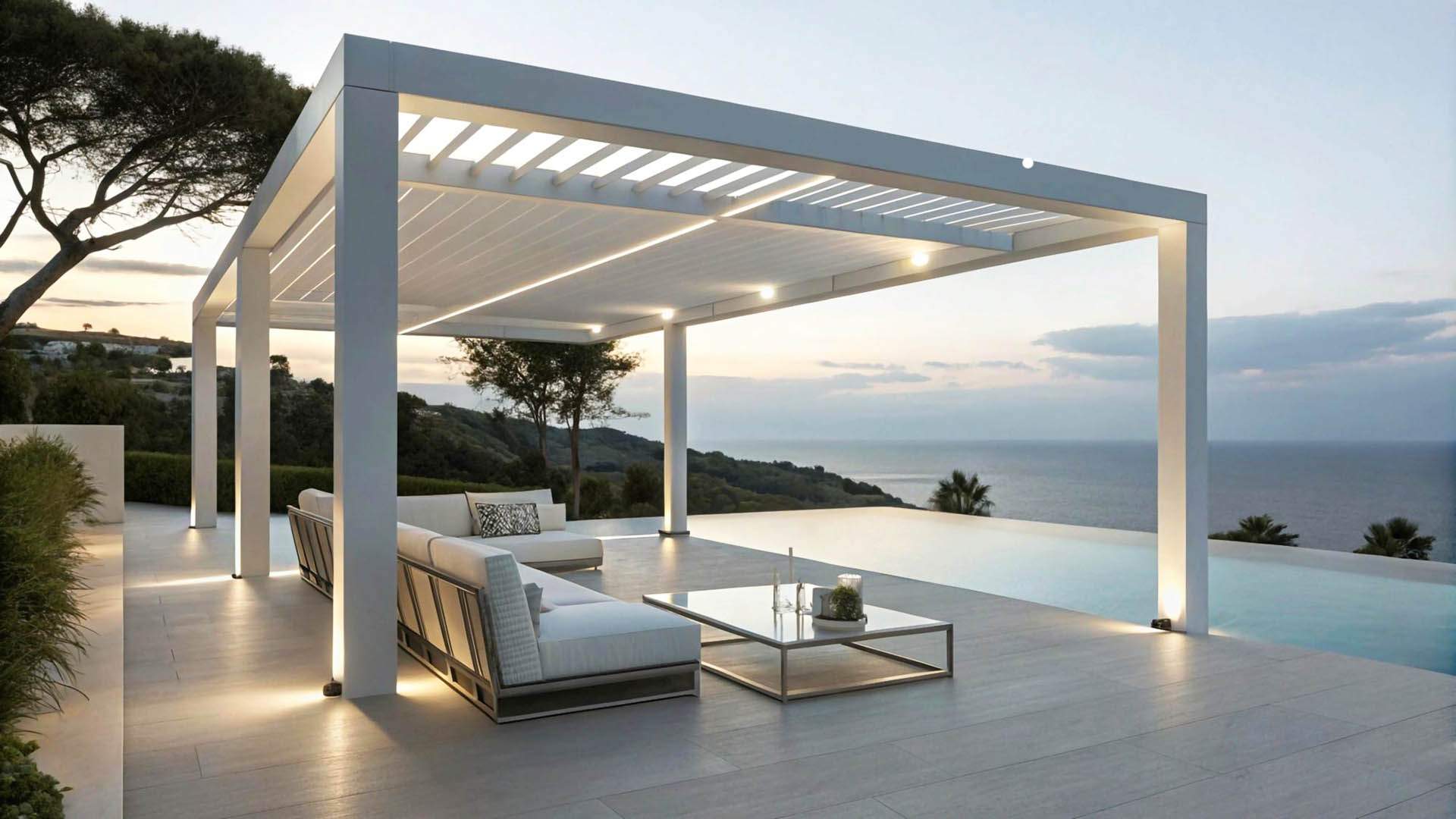 A pool with a house pergola