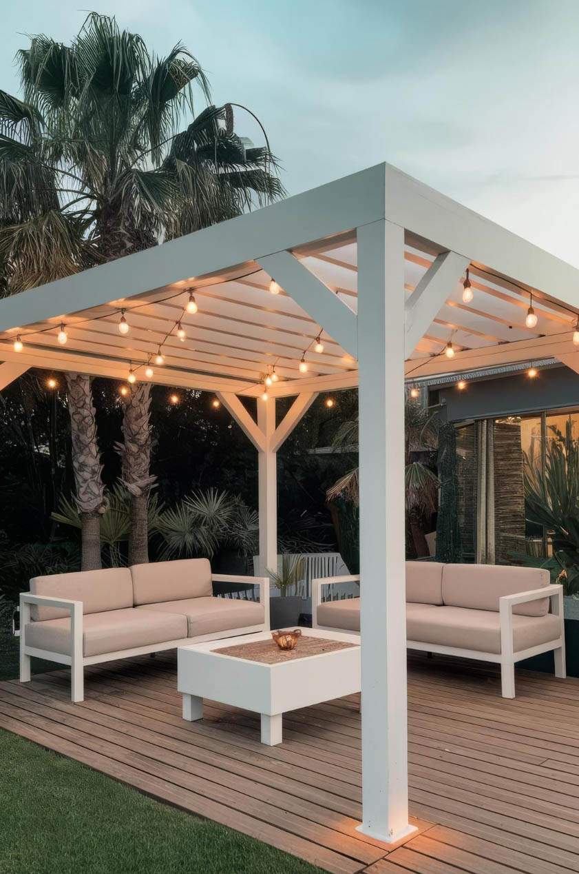 Modern pergola gazebo with white furniture