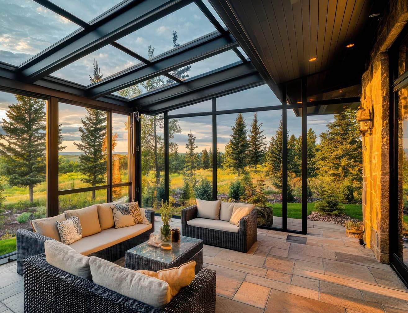 home has a large veranda with a view of the mountains a