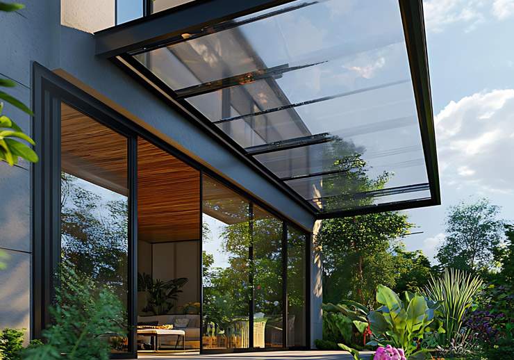 large glass covered patio with a table and chairs